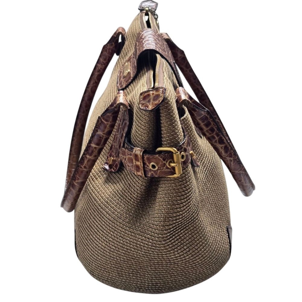 Eric Javits Woven Straw Croc Embossed Leather Trim Shoulder Bag Satchel - Picture 7 of 12
